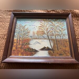 Vintage Boho Landscape Painting Artwork Wooden Frame